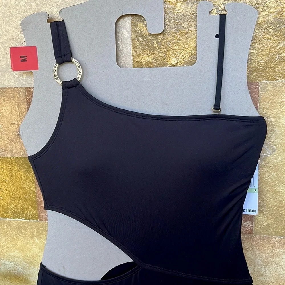 NEW Michael Kors One Shoulder O-Ring Black Cut-Out One Piece Swimsuit, Size 8